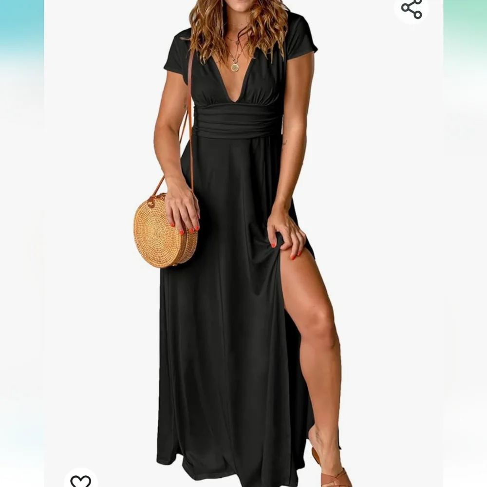 ANRABESS DeepV Neck Short Sleeve NWT Pleated High Waist Slit Maxi Dress Party S - Picture 1 of 16